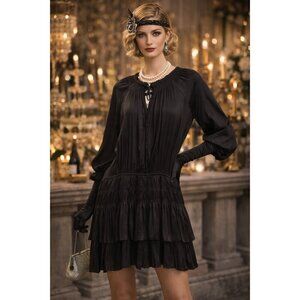 Current Air Ruby & Jenna Black Pleated Mini Dress Size L Boho Ruffle Smocked LA